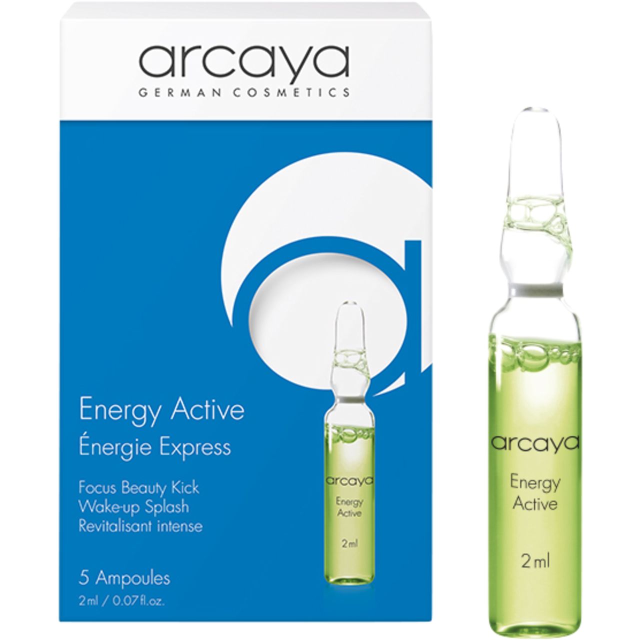 Verpackung und Ampulle. Aufschrift: Arcaya, Energy Active, 5 Ampullen. Blaue und weiße Verpackung. Ampulle mit grüner Flüssigkeit.