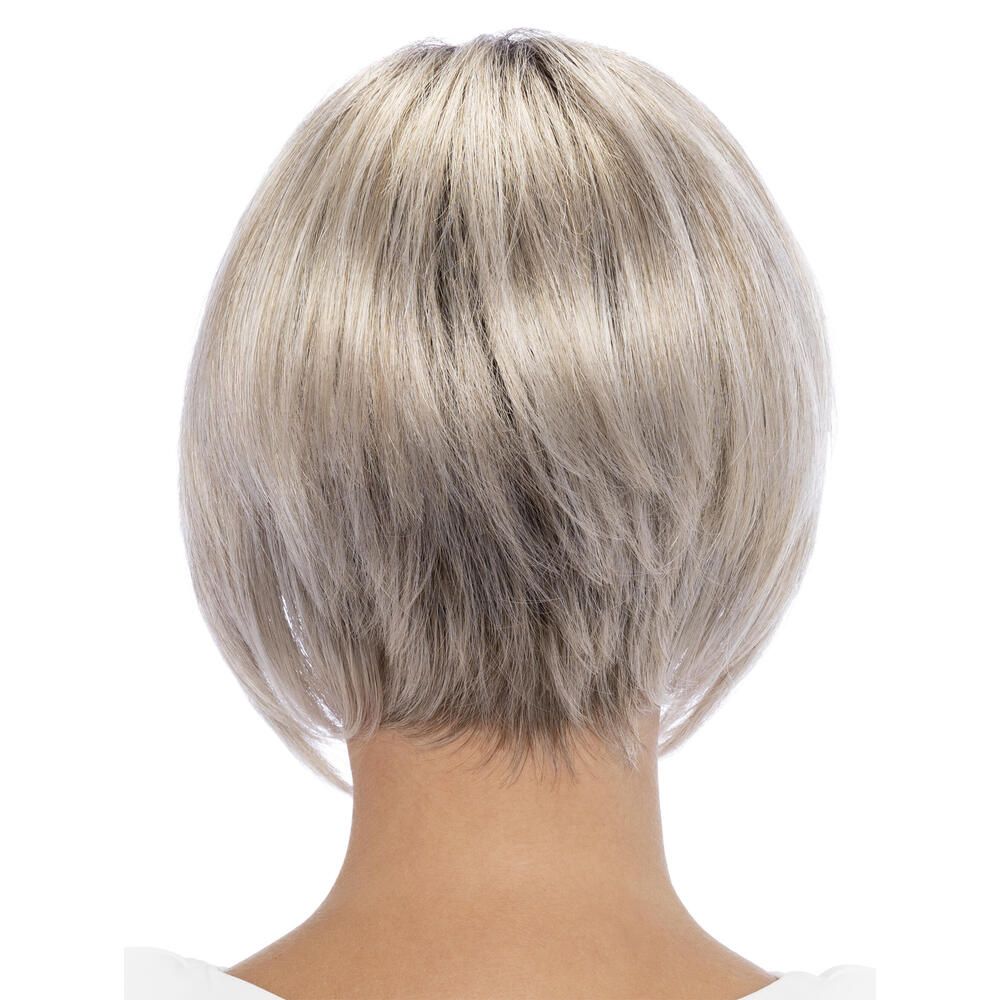 Perücke Mercedes von trendhair: Rückansicht eines kurzen, blonden Bobs mit dunklen Ansätzen.