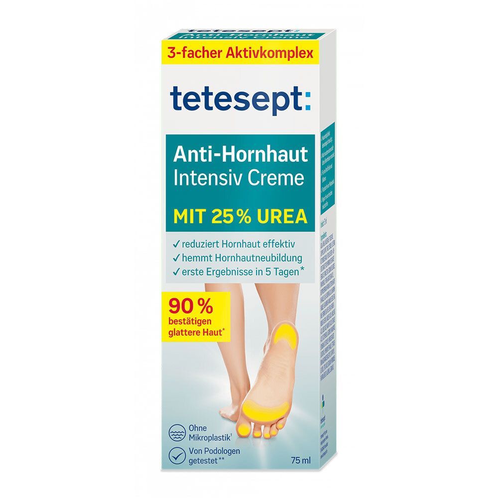 Verpackung von tetesept® Anti-Hornhaut Intensiv Creme. Enthält 25% Urea. Zeigt Füße mit glatter Haut.