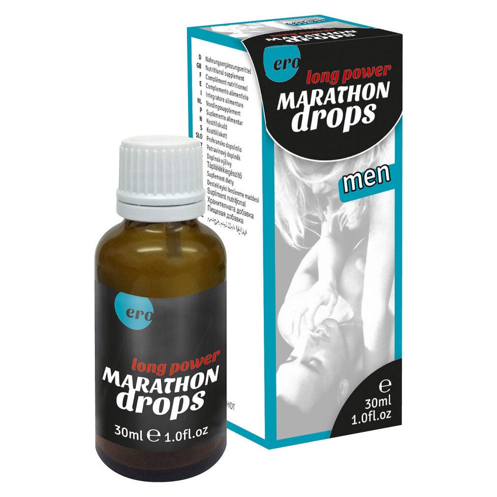 Braune Glasflasche mit Tropfer und Kartonverpackung für Marathon Drops, 30ml.