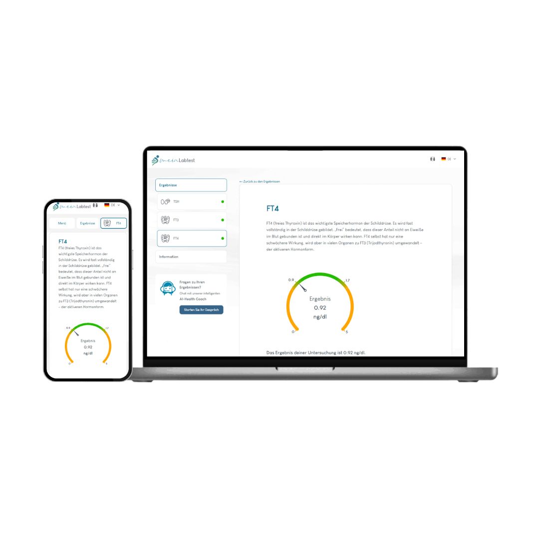 Laptop und Smartphone mit Meinlabtest-App. Anzeige von Testergebnissen. Grafische Darstellung der Ergebnisse.
