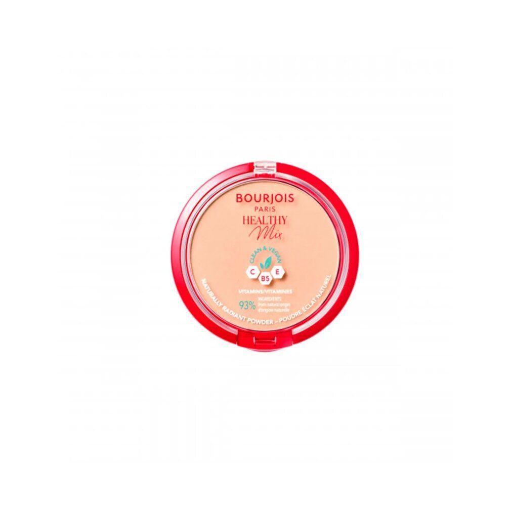 Runder, roter Puderbehälter. Aufschrift: Bourjois Healthy Mix. Mit hellbraunem Puder. Transparenter Deckel.