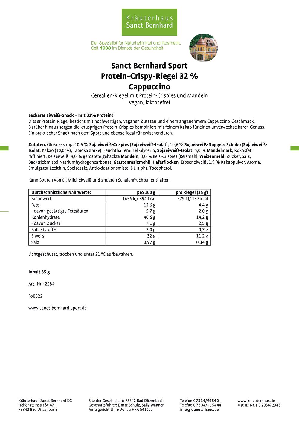 Sanct Bernhard Sport Protein-Crispy-Riegel 32 %