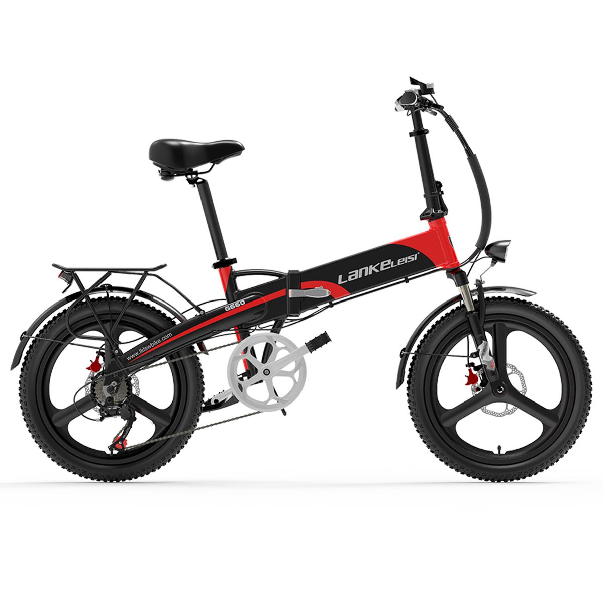 Faltbares E-Bike, rot-schwarz. Marke LANKELEISI, G660. Schwarze Reifen, Gepäckträger. Seitenansicht, gefaltet.