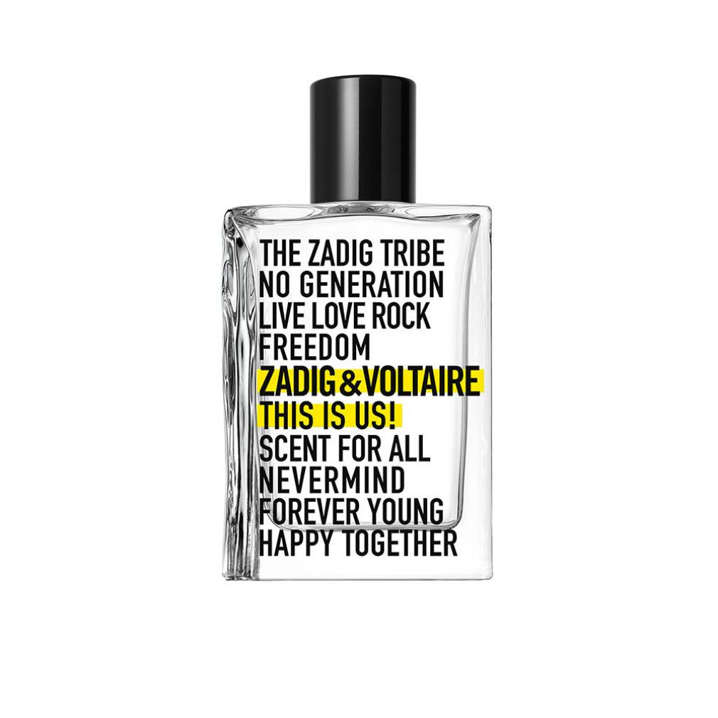 Zadig & Voltaire This is Us! EdT Flakon. Klarer Flakon mit schwarzem Verschluss. Gelbe Schrift.