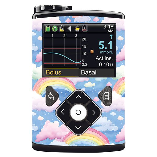 Gerät mit Regenbogen-Wolken-Design. Display zeigt Werte an. Steuerung mit Pfeiltasten und zentraler Taste.