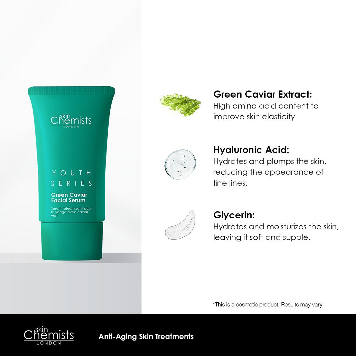 Serumtube mit Inhaltsstoff-Grafiken. Text: skinChemists, Youth Series, Green Caviar Facial Serum. Inhaltsstoffe.