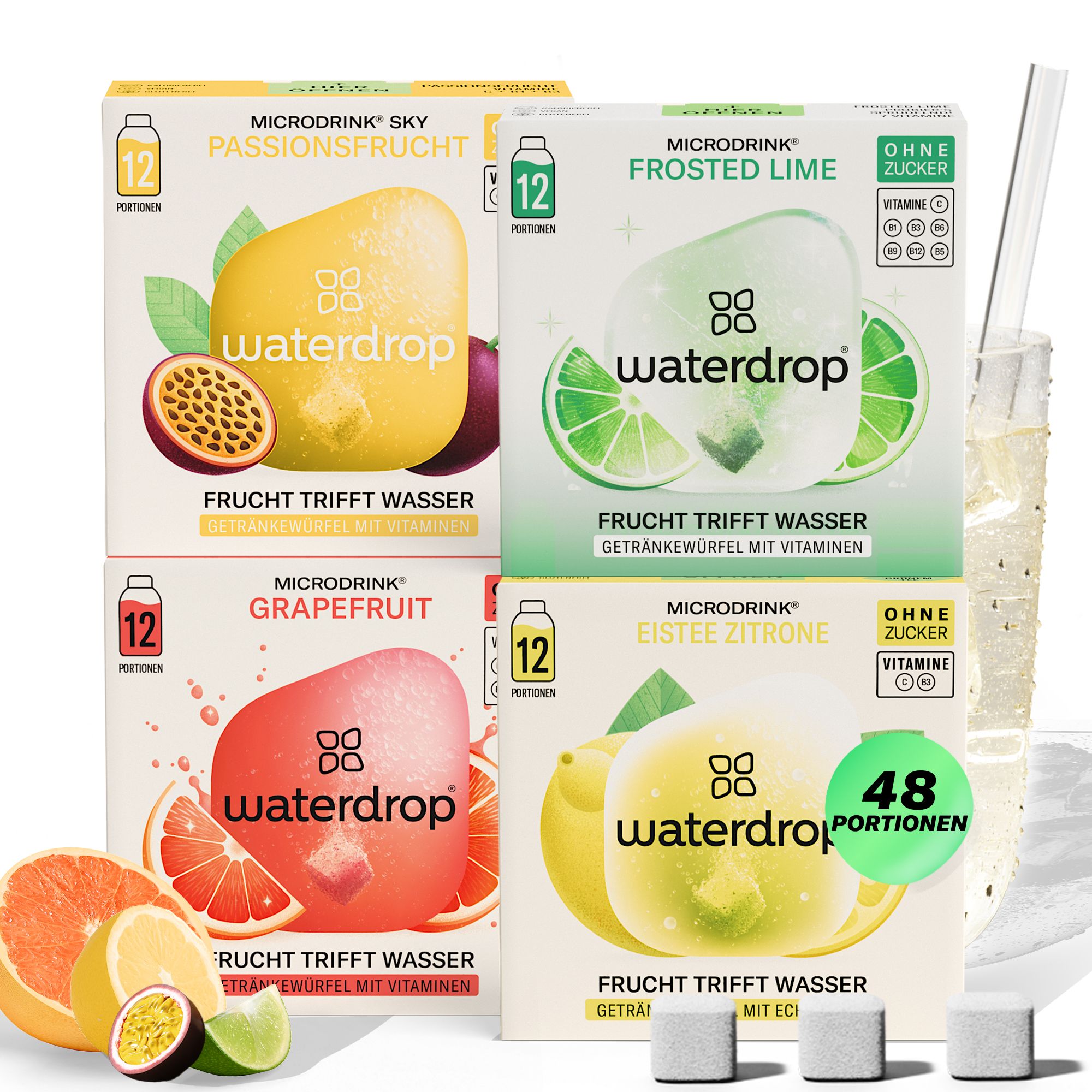 Vier Schachteln waterdrop® Microdrink. Aufdrucke: Sky, Frosted Lime, Grapefruit, Eistee Zitrone. 48 Portionen. Ohne Zucker, mit Vitaminen.