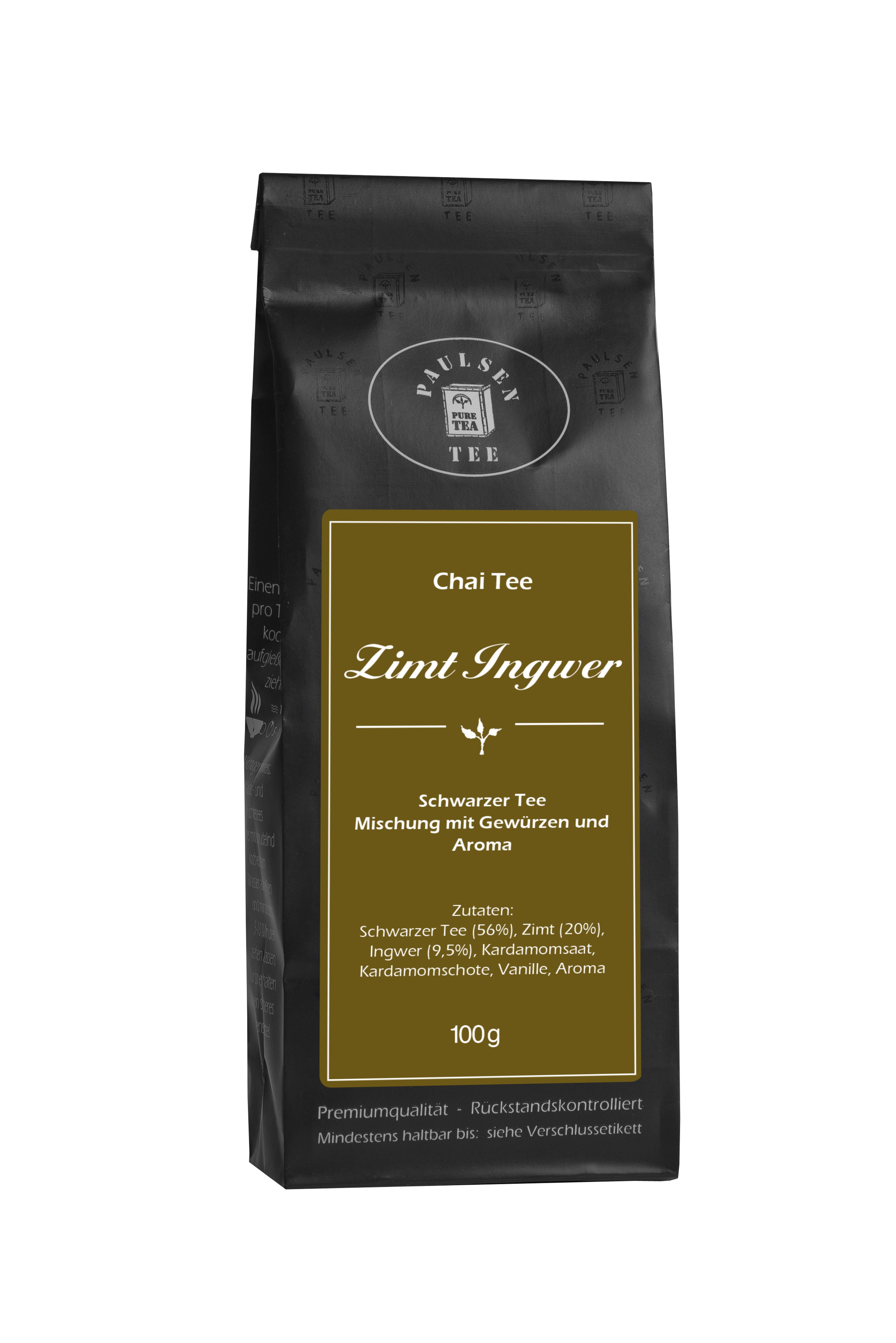 Schwarzer Tee in schwarzer Verpackung. Aufschrift: Paulsen Tee, Chai Tee, Zimt Ingwer. Mischung mit Gewürzen und Aroma. 100g.