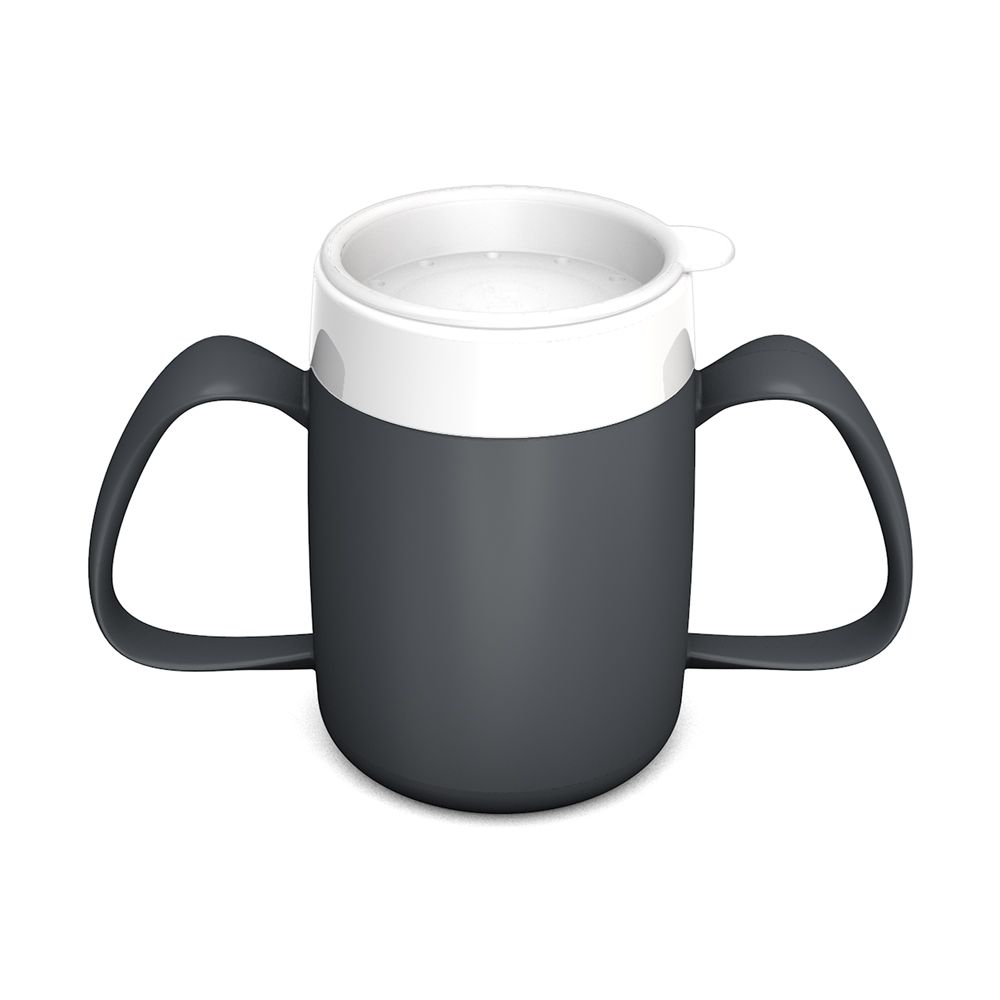 Becher mit zwei Henkeln, grau-weiß. Trinkaufsatz. Zwei Griffe. Kunststoff.