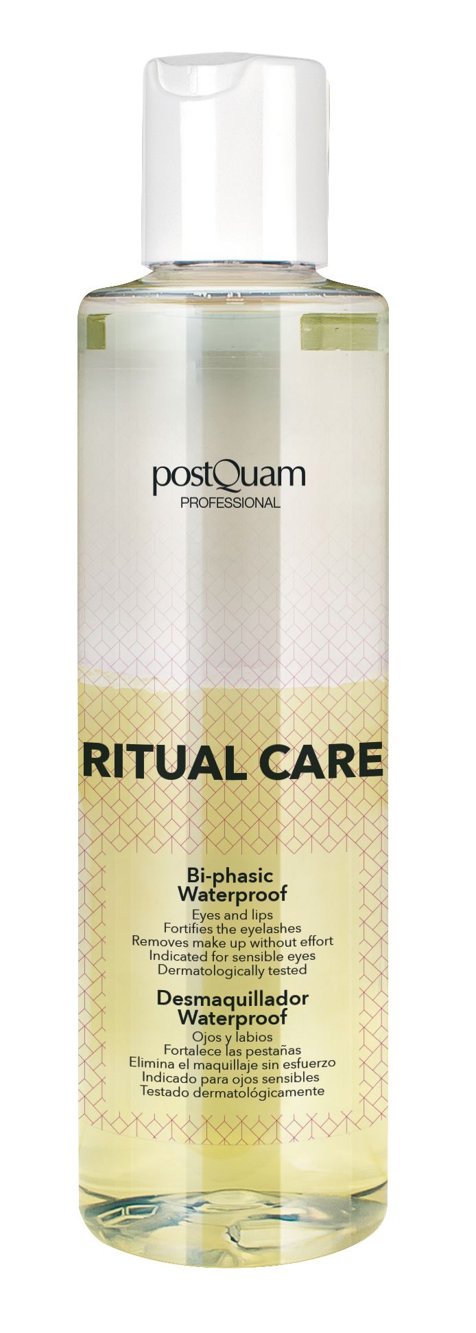 Transparente Flasche mit weißem Deckel. Aufschrift: Ritual Care, Bi-phasic Waterproof. Marke: postQuam PROFESSIONAL.