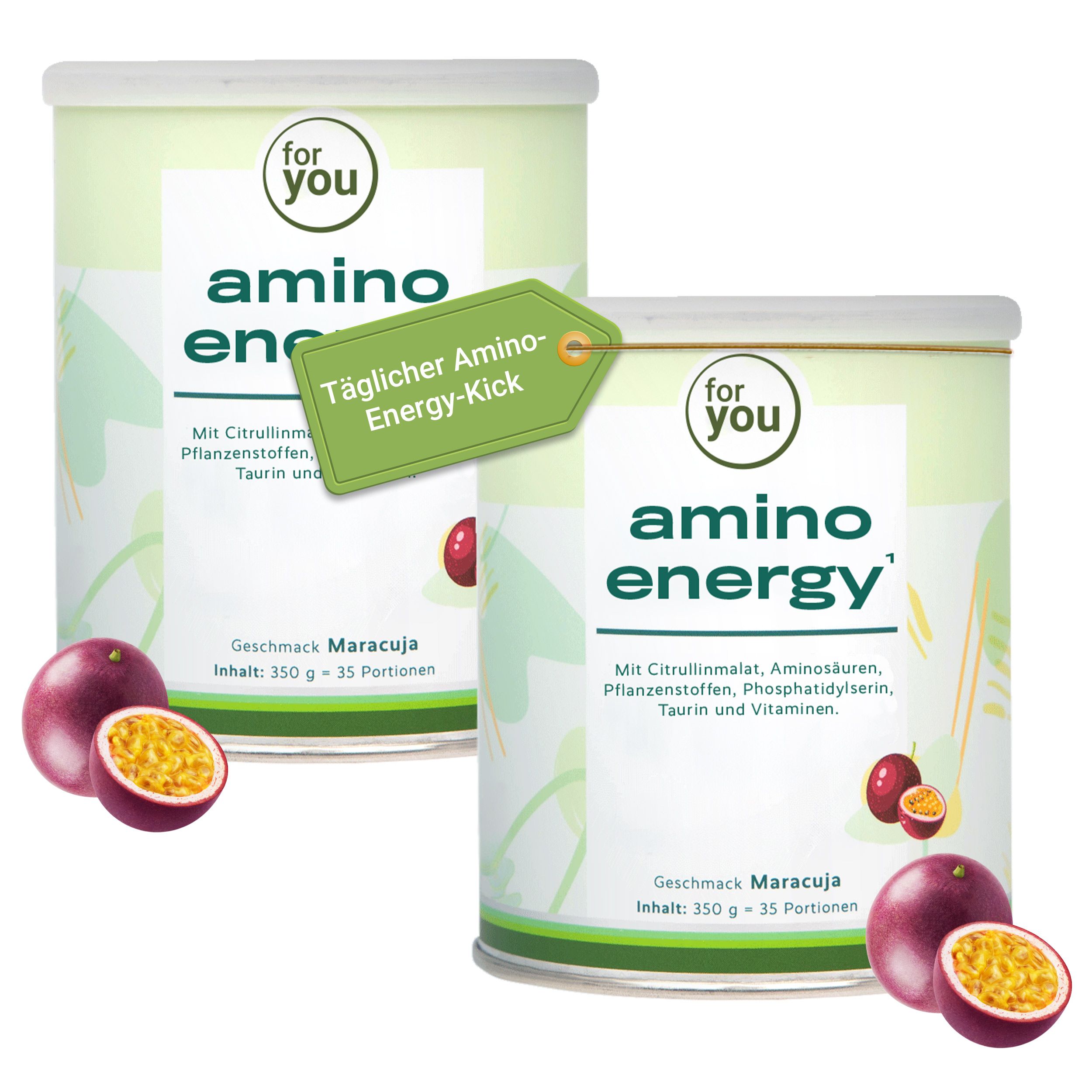 Zwei Dosen 'amino energy' Maracuja Geschmack, 350g. Mit Passionsfrüchten.