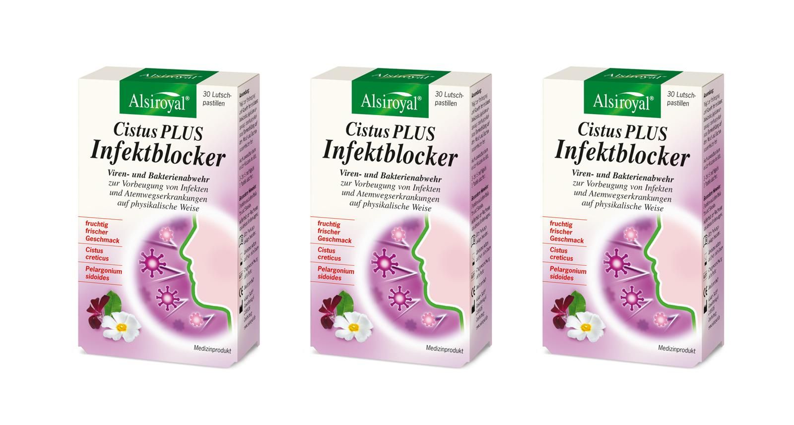 Drei Packungen Alsiroyal Cistus PLUS Infektblocker. Weiße Kartons mit Produktnamen und Illustrationen. Grün-weiße Logo oben.