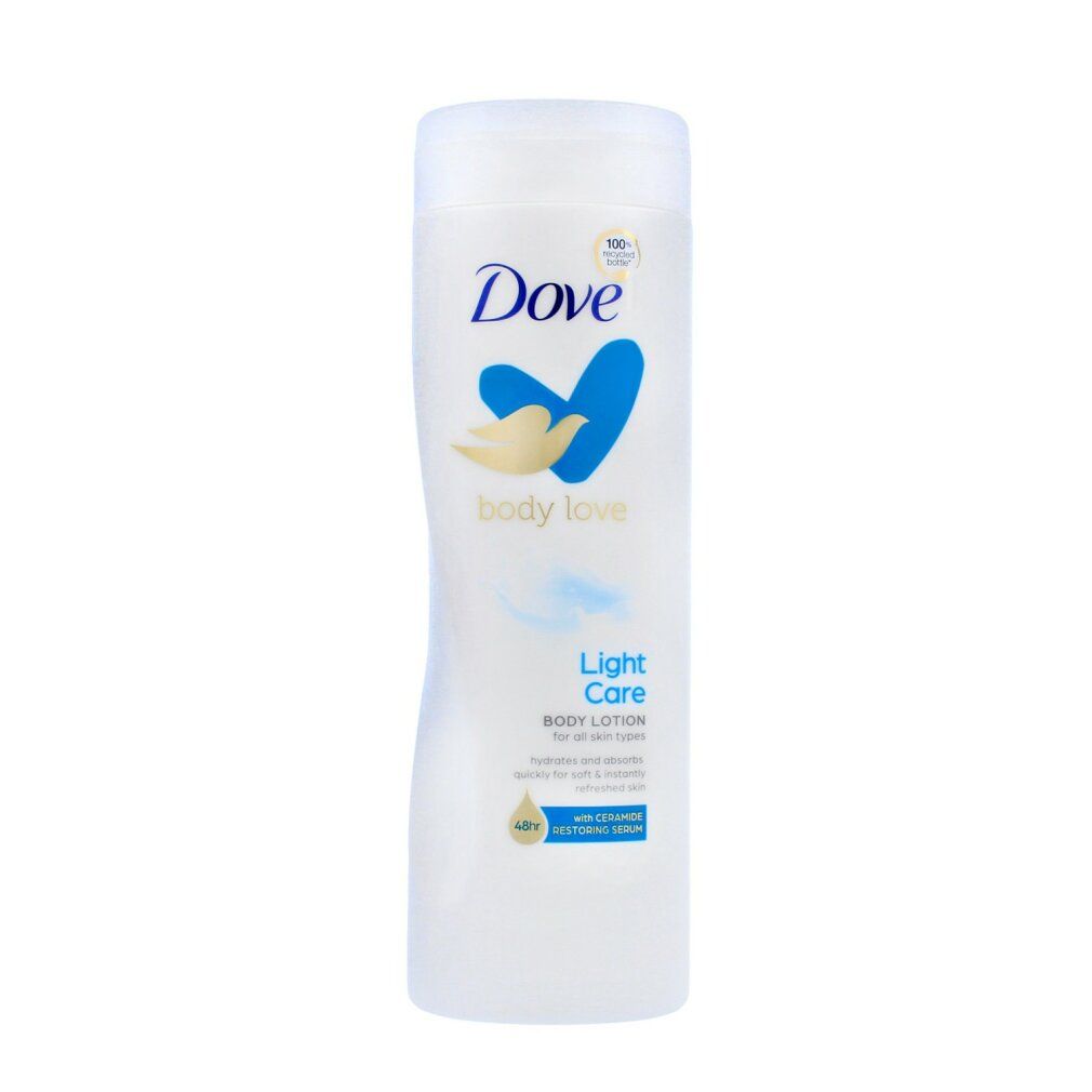 Weiße Dove-Flasche mit blauem Herz-Logo. Aufschrift: body love, Light Care, Body Lotion. Für normale Haut. Mit Ceramid Serum.