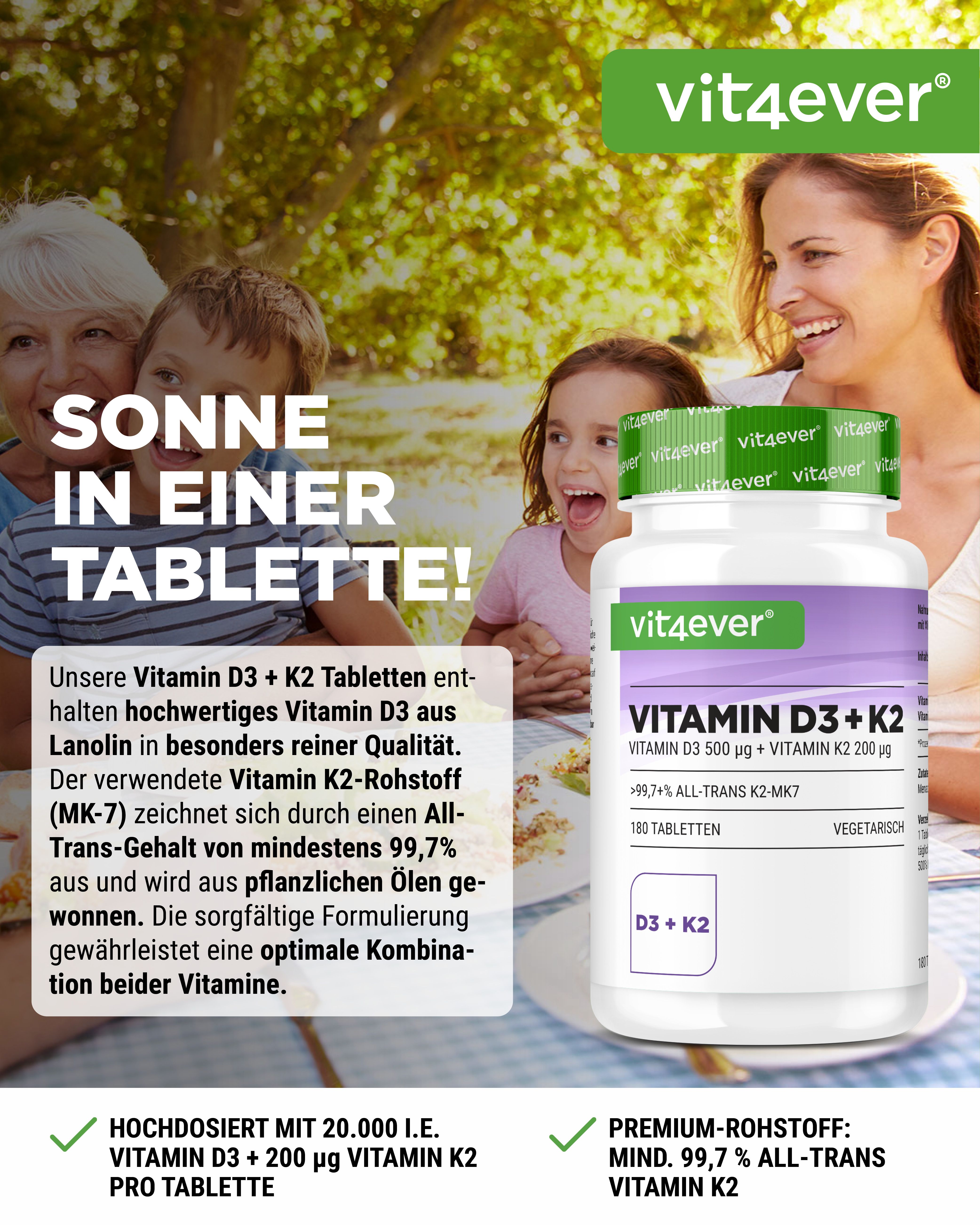 Vit4ever Vitamin D3 + K2 Tabletten. Weiße Tabletten in einer weißen Flasche mit grünem Deckel. Aufschrift: Vitamin D3 + K2.