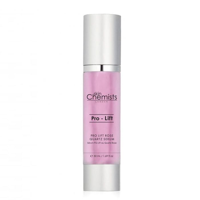 Rosa Serumflasche mit silbernem Deckel. Text: SkinChemists, Pro-Lift, Pro Lift Rose Quartz Serum. 50 ml.