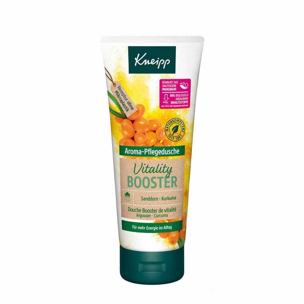 Kneipp Aroma-Pflegedusche Vitality Booster. Tube mit Sanddorn und Kurkuma. Grüne Kappe. Text: "Für mehr Energie im Alltag".