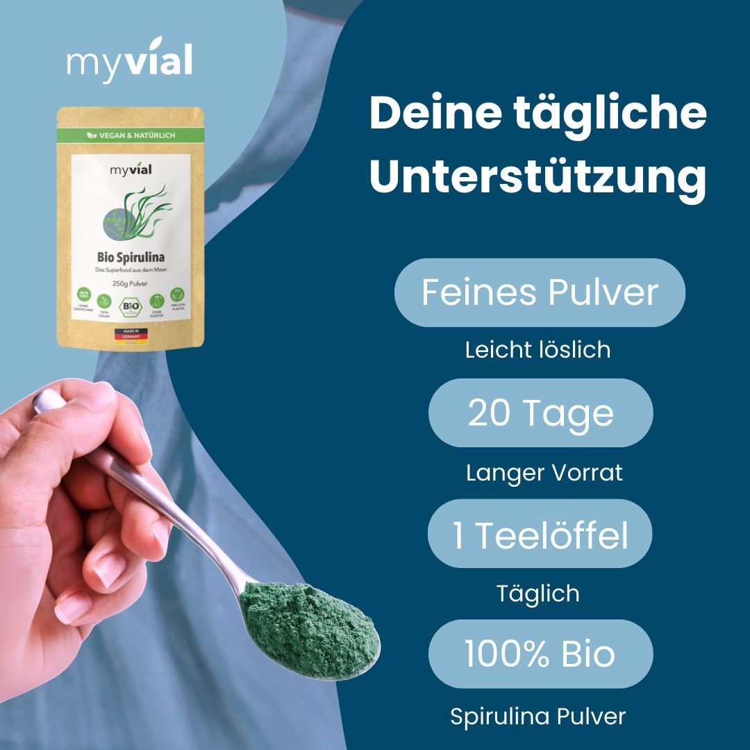 myvial® Bio Spirulina Pulver - 250 g mit Phycocyanin & Chlorophyll - vegan & laborgeprüft