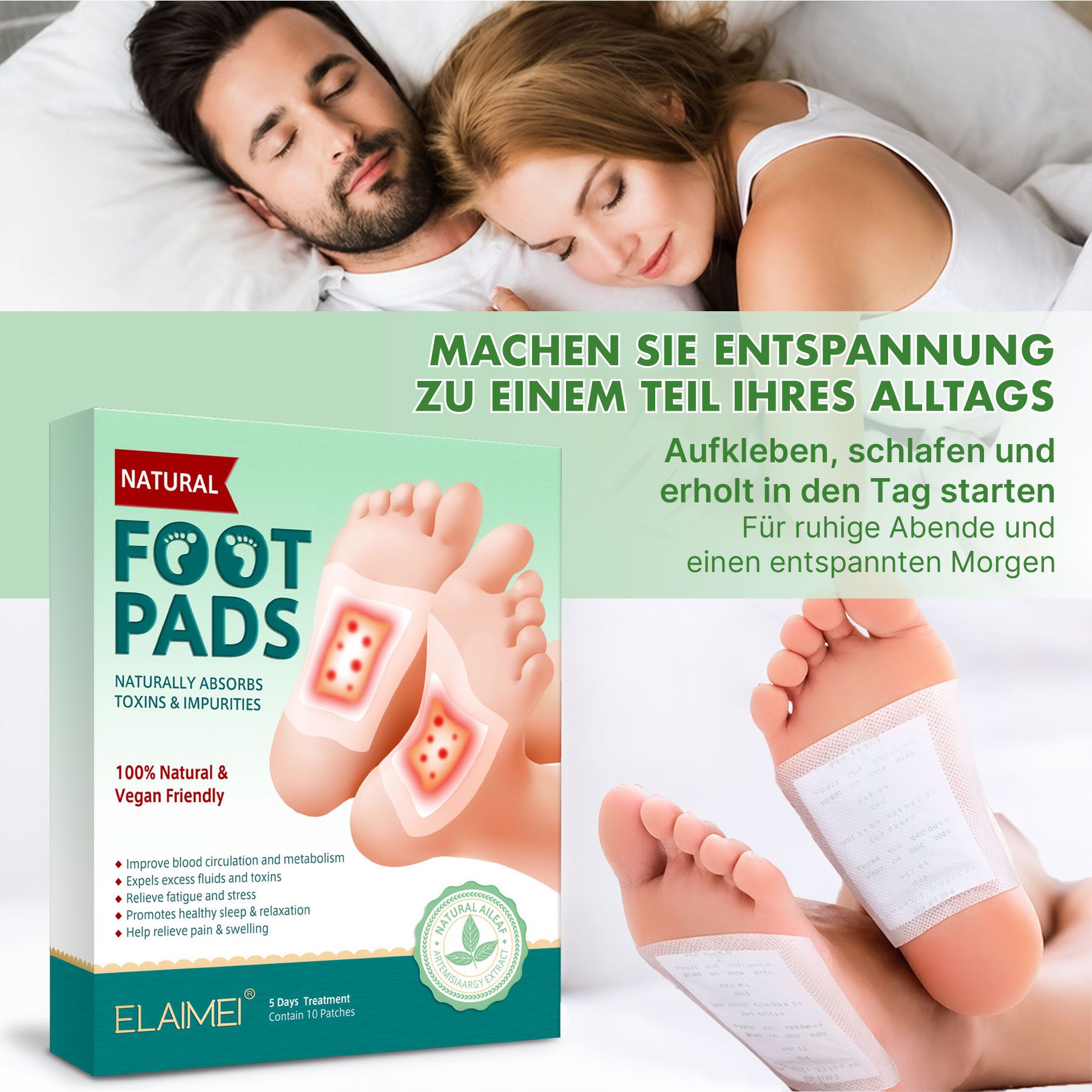 Verpackung von 'Natural Foot Pads' mit Abbildung von Füßen und schlafendem Paar.