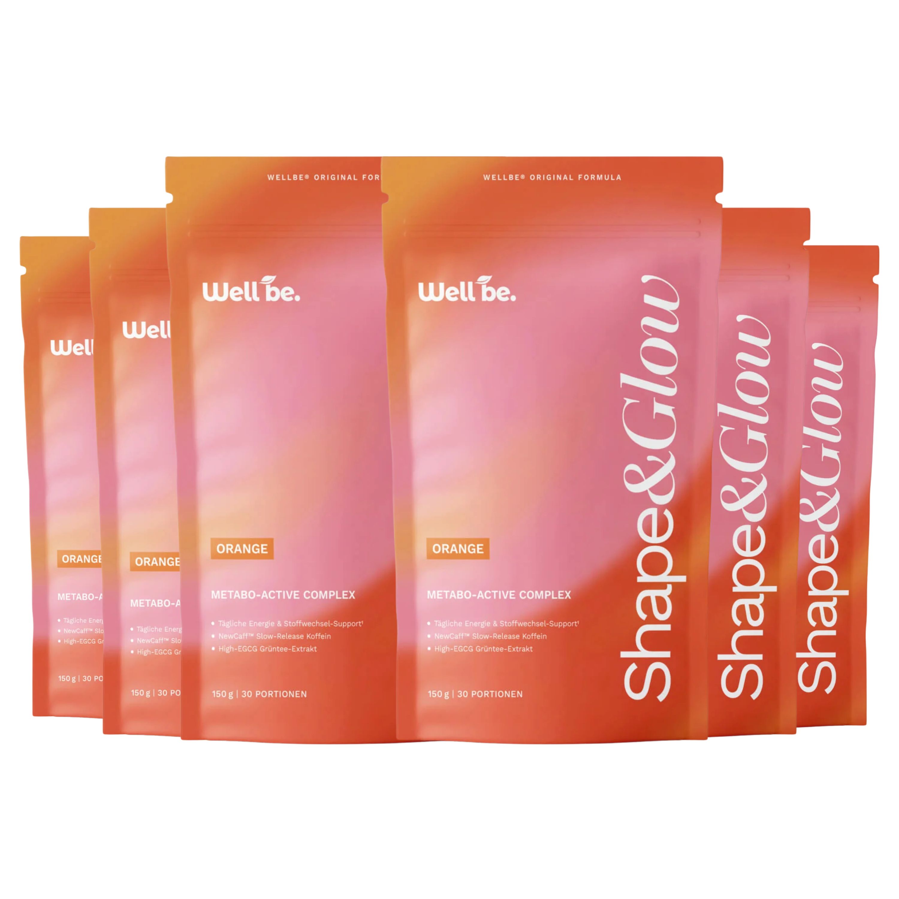wellbe Shape & Glow™ Drink mit NewCaff™ Slow-Release Koffein, L-Carnitin, Grüntee-Extrakt, Kollagen 6x150 g Pulver