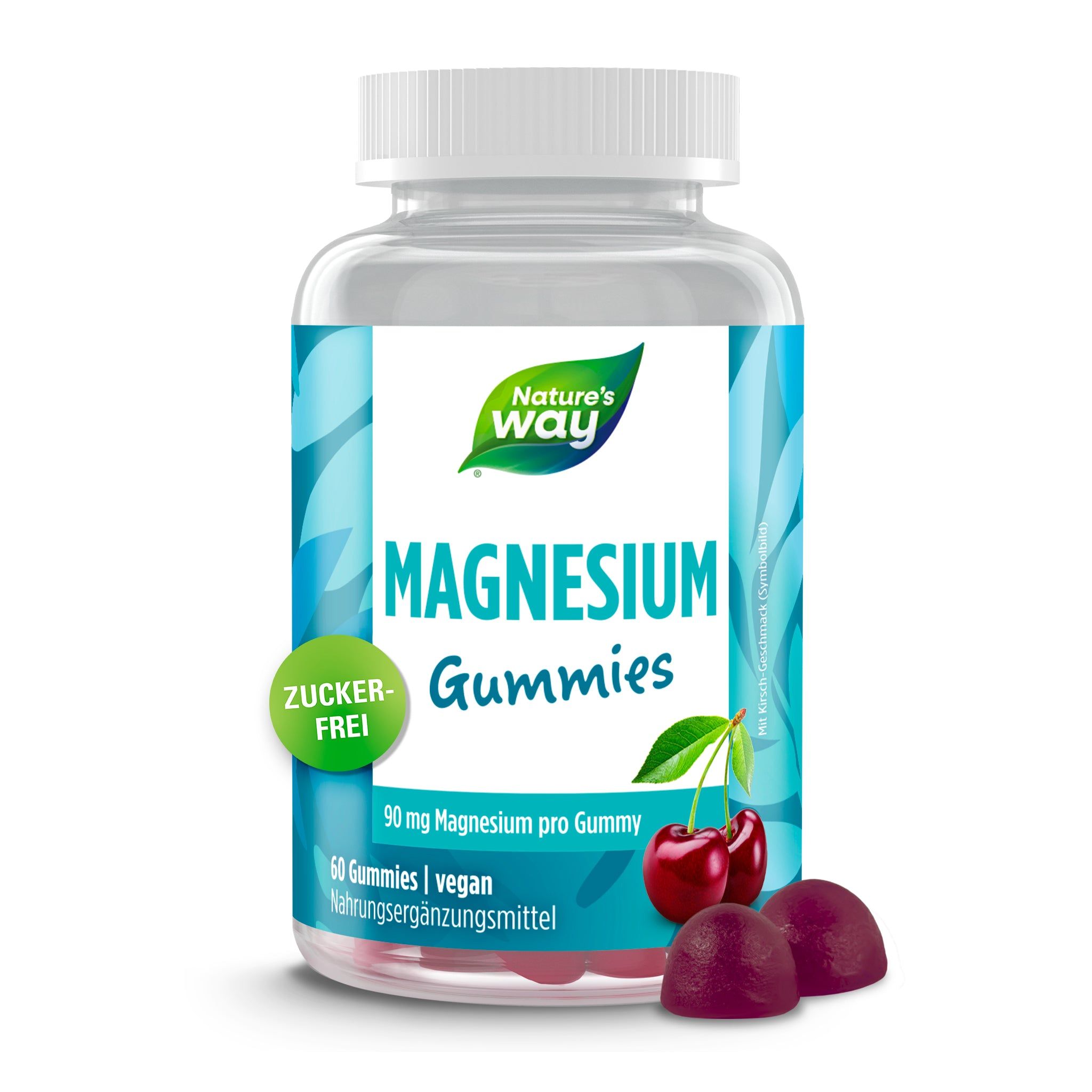 Klare Flasche mit Nature's Way Magnesium Gummies. Rote Gummies daneben. Aufschrift: Zuckerfrei, 90 mg Magnesium pro Gummie.