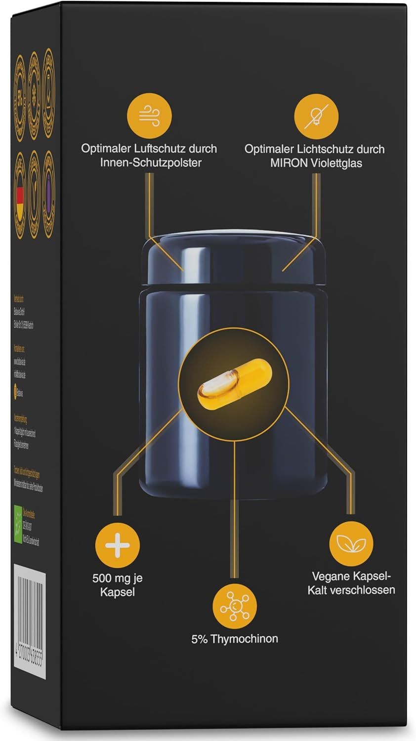Rückseite einer schwarzen Dose mit Kapseln. Text: Optimaler Luftschutz, optimaler Lichtschutz, 500 mg je Kapsel, Vegane Kapsel, 5% Thymochinon.