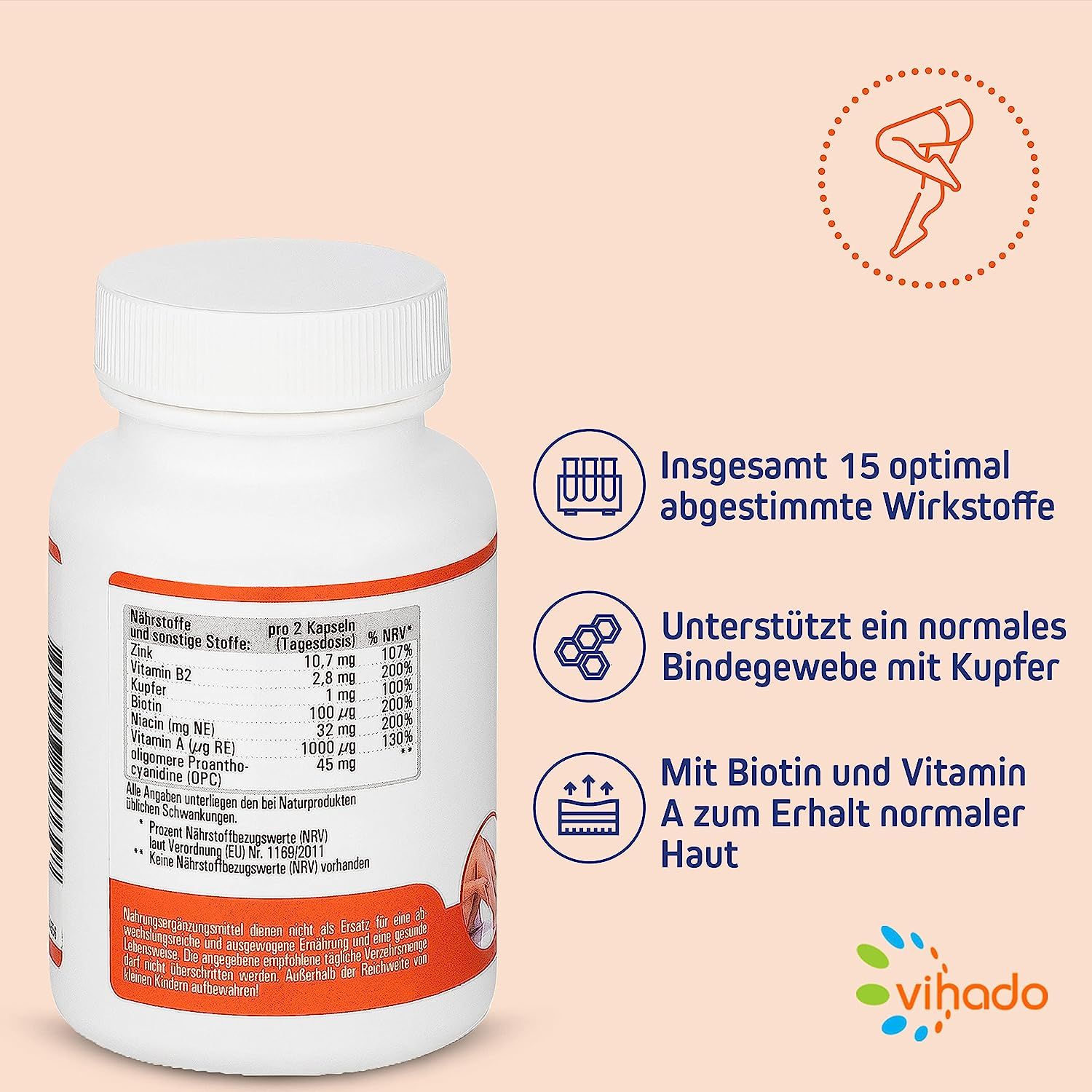 Weiße Flasche mit "vihado"-Logo. Aufschrift: "Unterstützt Bindegewebe mit Kupfer". Enthält 15 Wirkstoffe. Rückseite mit Nährwertangaben.