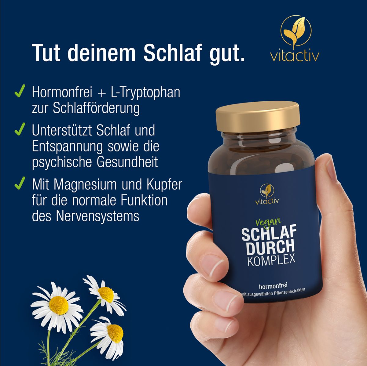 Werbebild mit Produktflasche, Kamillenblüten und Text. Vorteile des Produkts.