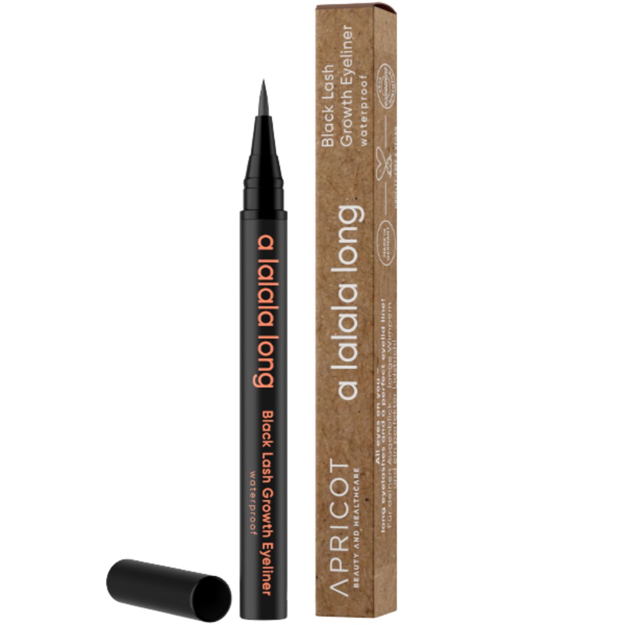 Schwarzer Eyeliner mit schwarzer Kappe und Verpackung. Aufschrift: a lalala long, Black Lash Growth Eyeliner.