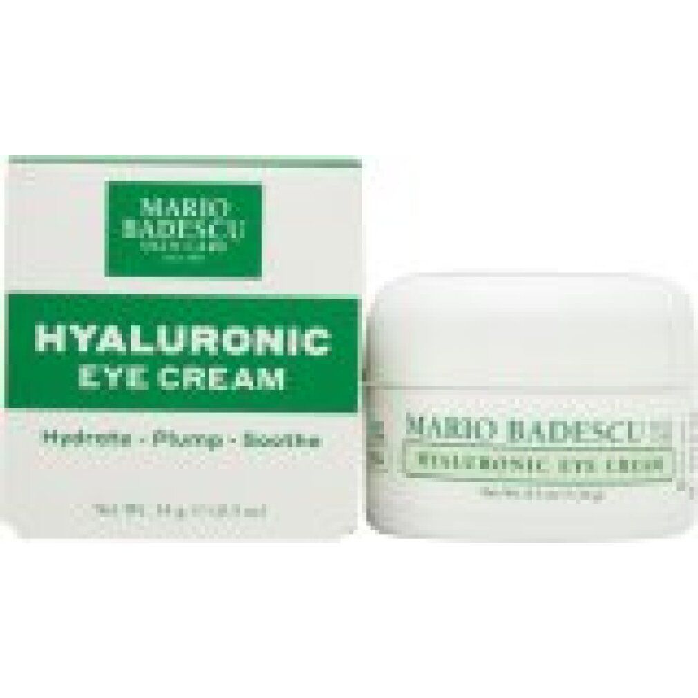 Mario Badescu Hyaluronic Eye Cream in weißem Tiegel und Kartonverpackung.