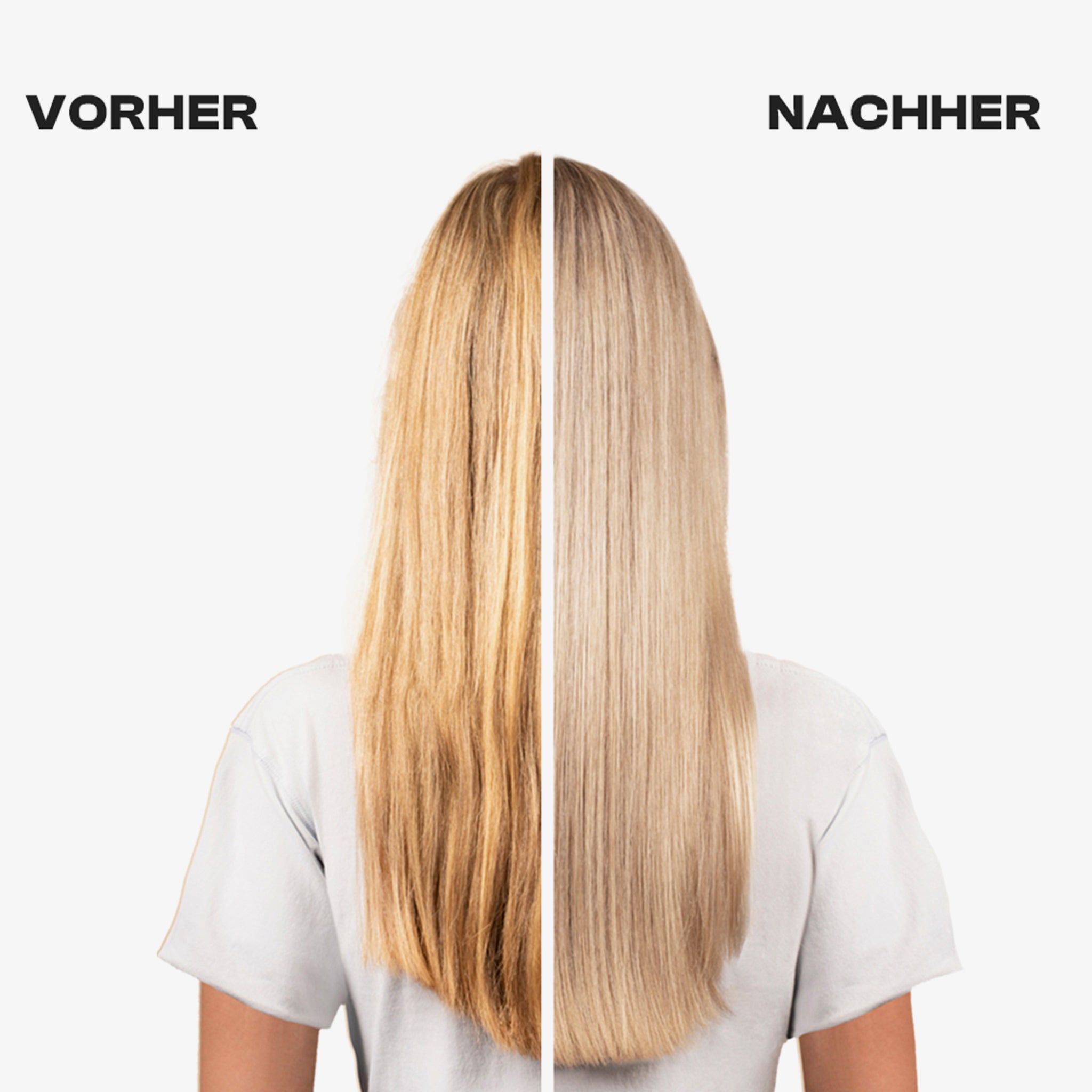 Haaransicht vor und nach der Anwendung. Linke Seite: gelbliches Haar. Rechte Seite: blondes Haar. Text: VORHER, NACHHER.