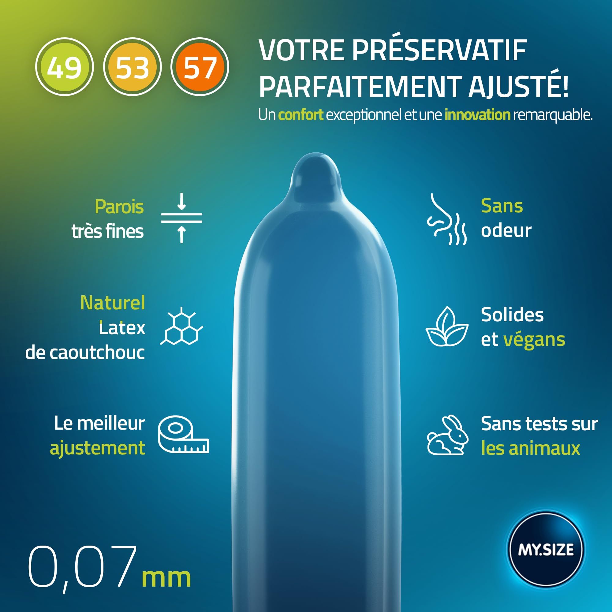 Blaues Kondom aus Naturkautschuk, 0,07 mm dünn, mit Merkmalen wie geruchlos und vegan.
