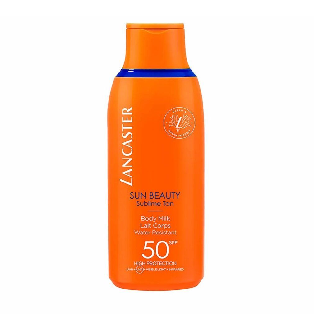 Orangefarbene Flasche mit Text: Lancaster, Sun Beauty, SPF 50. Vegan-Siegel.