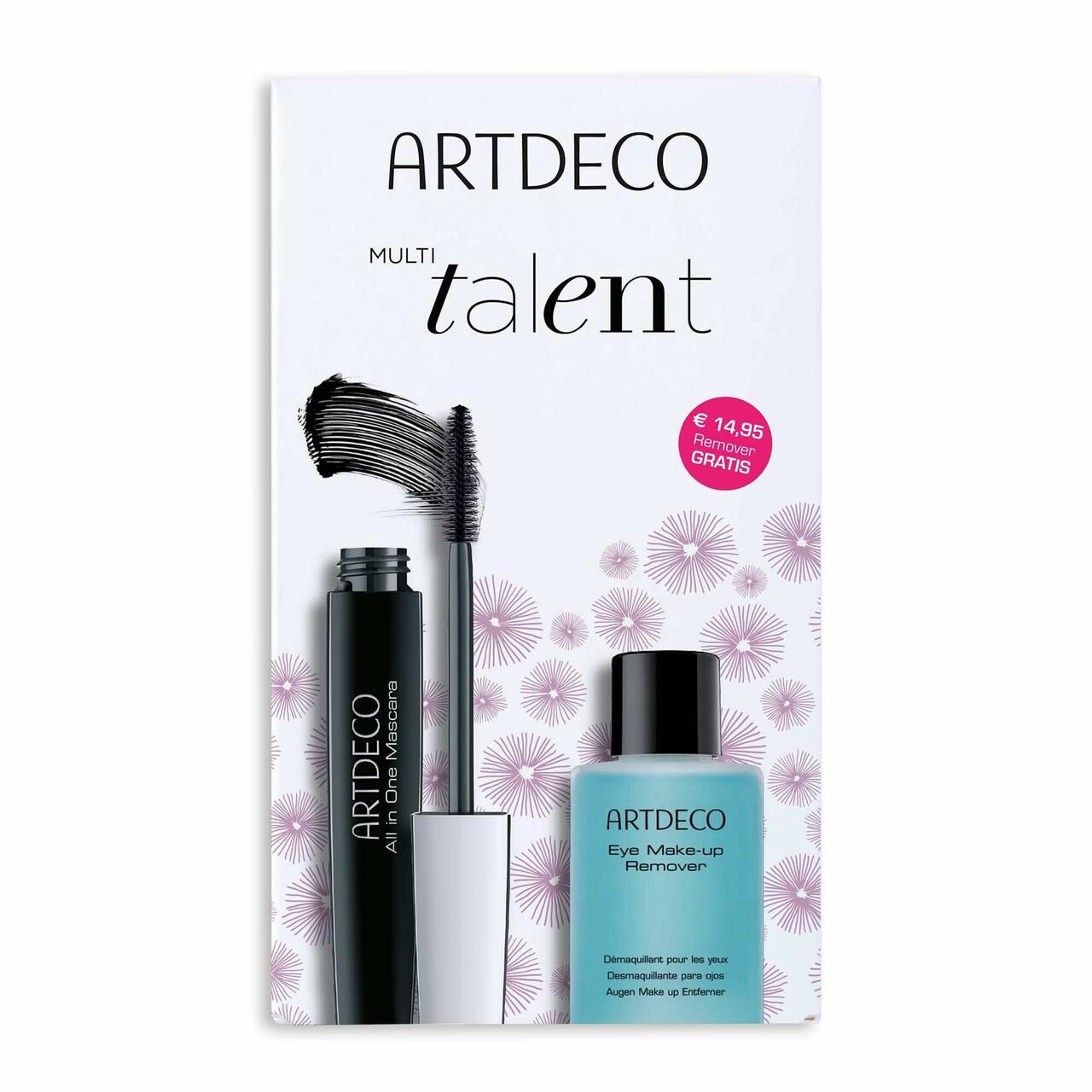Verpackung mit Mascara und Augen-Make-up-Entferner. Schwarze Mascara-Tube und blaue Flasche. Marke: ARTDECO. Text: Multi talent.