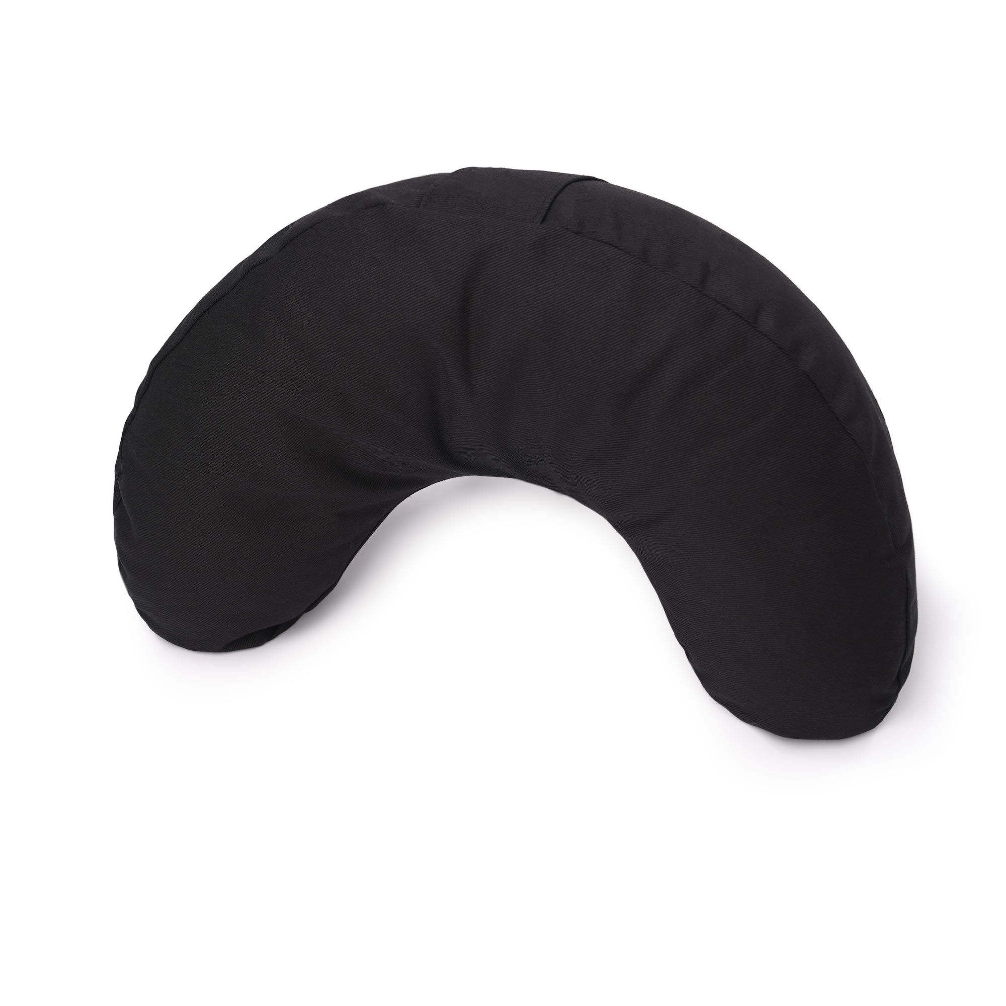 Schwarzes, mondförmiges Kissen, Seitenansicht.