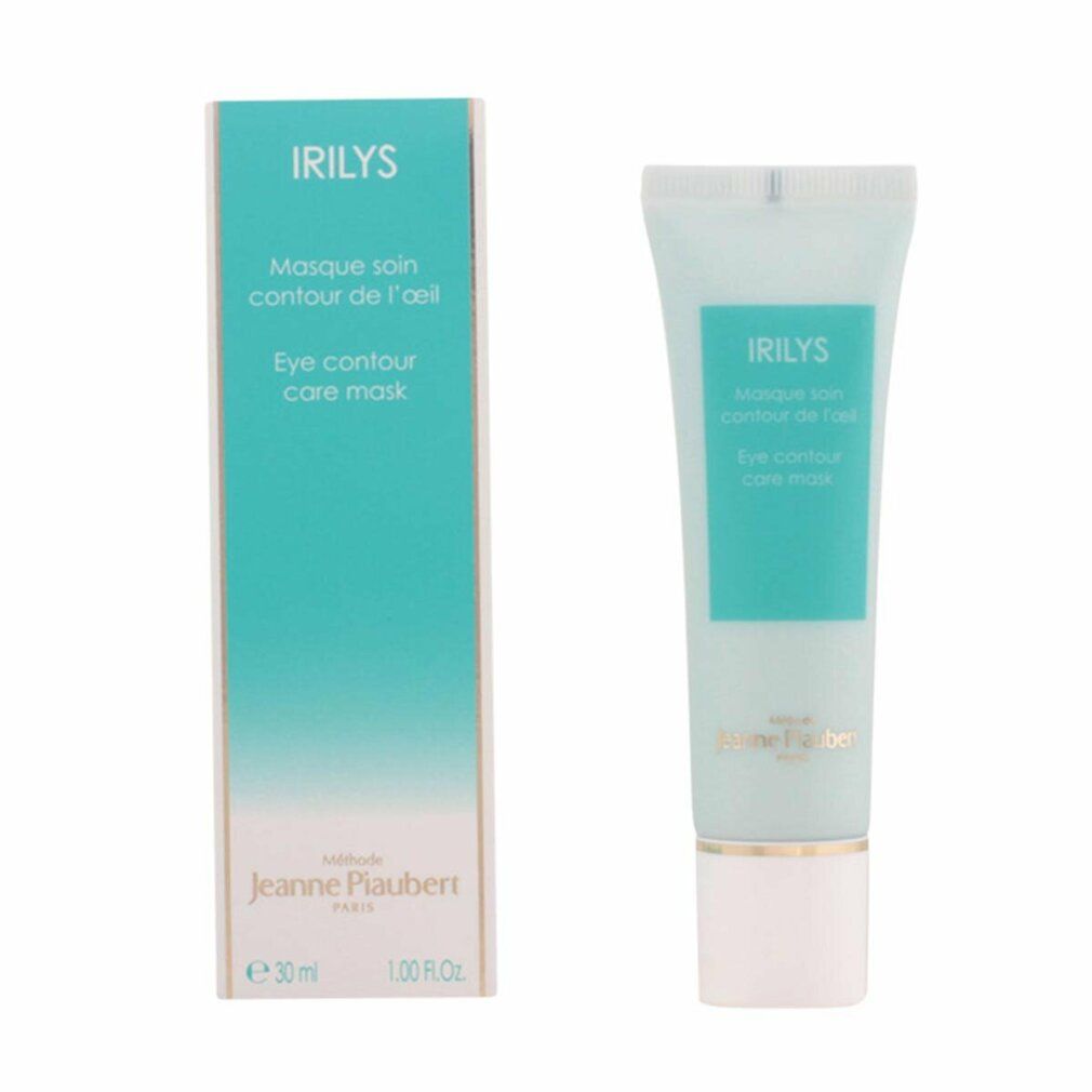 Produktverpackung und Tube. Text: Irilys, Masque soin contour de l'œil, Eye contour care mask. Marke: Jeanne Piaubert. Volumen: 30 ml.