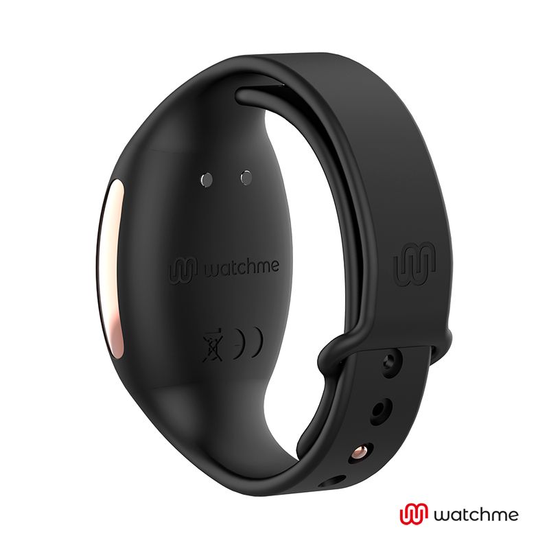 Rückseite der schwarzen Smartwatch-Steuerung mit roségoldenen Akzenten. Logo: watchme. Mit CE-Kennzeichnung.