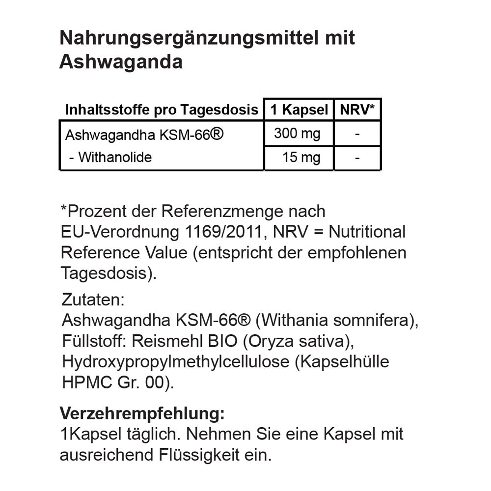 Nahrungsergänzungsmittel mit Ashwagandha. Tabelle mit Inhaltsstoffen pro Tagesdosis: Ashwagandha KSM-66, Withanolide. Zutatenliste.