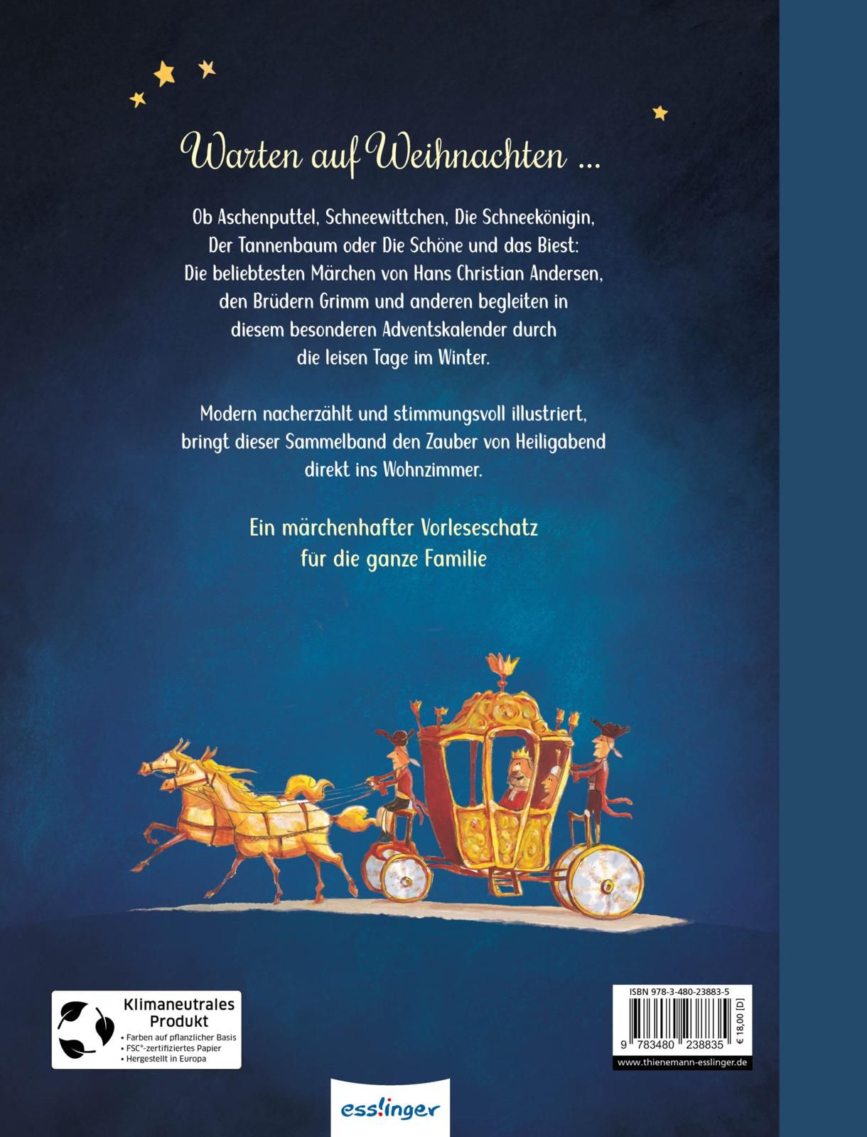 Buchrückseite: Text über Märchen, Illustration einer Kutsche. Logo Esslinger. Klimaneutrales Produkt-Siegel. ISBN-Code.