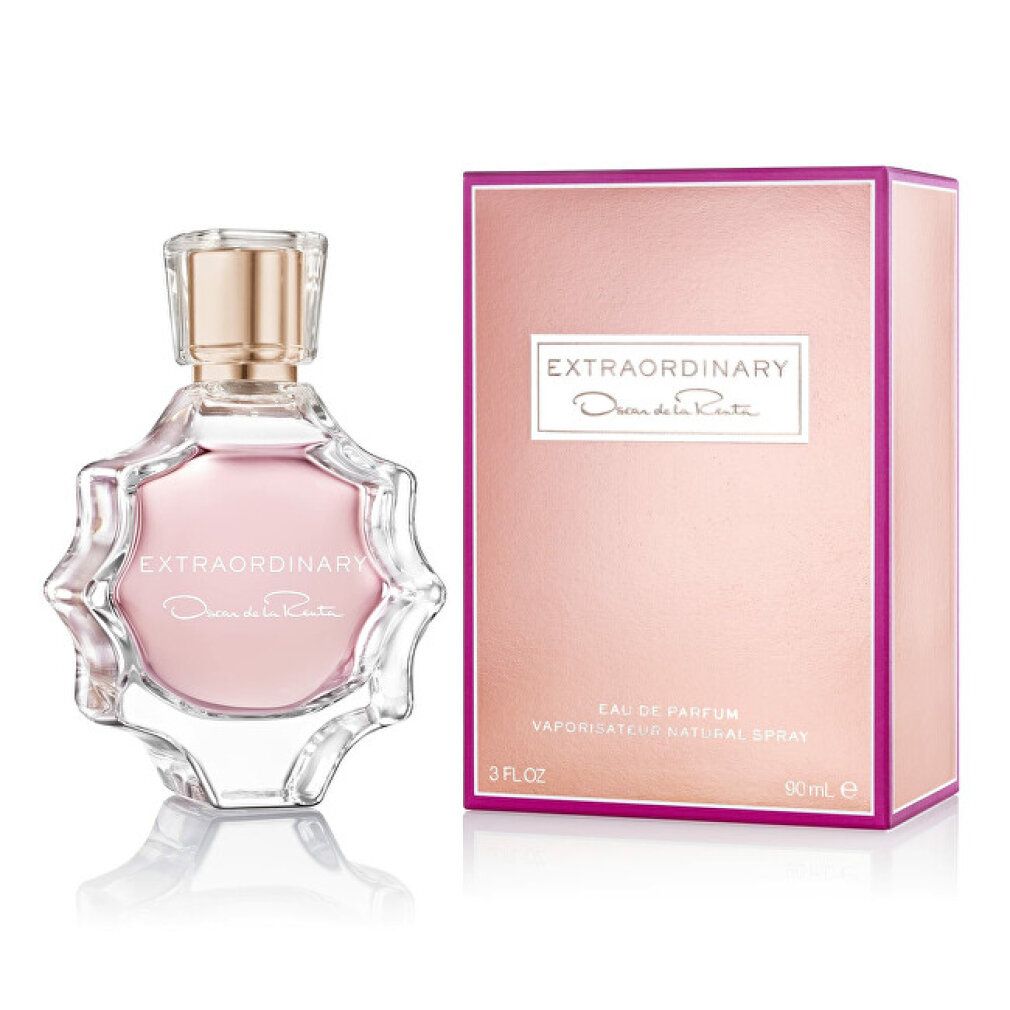 Parfümflakon und Verpackung. Flakon mit rosa Flüssigkeit, goldfarbenem Verschluss. Verpackung mit Schriftzug 'EXTRAORDINARY'.
