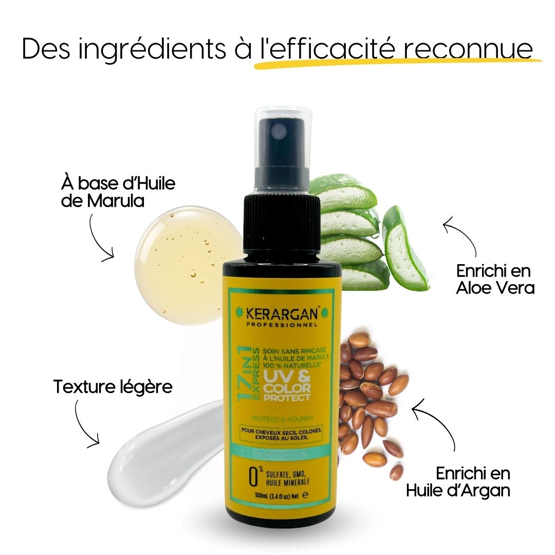 Kerargan Tonique UV & Color Protect. Flacon jaune avec vaporisateur. Ingrédients: Huile de Marula, Aloe Vera, huile d'Argan, texture.
