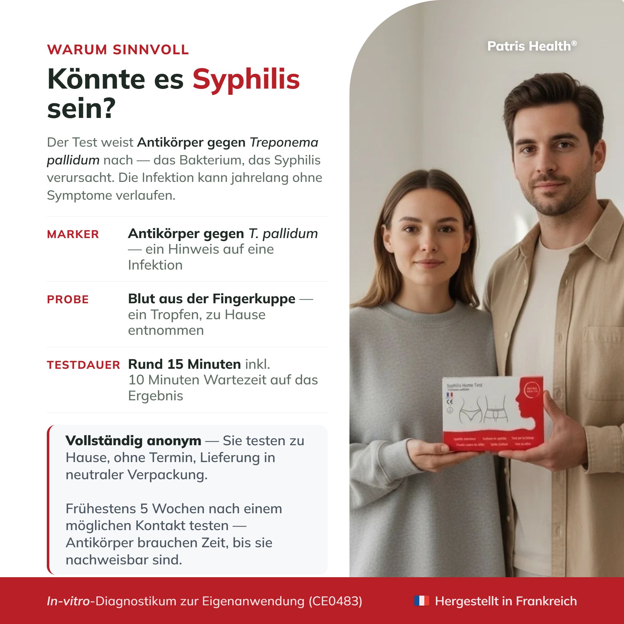 Ein Paar hält den Syphilis Selbsttest. Warum sinnvoll? Testet Antikörper gegen T. pallidum.