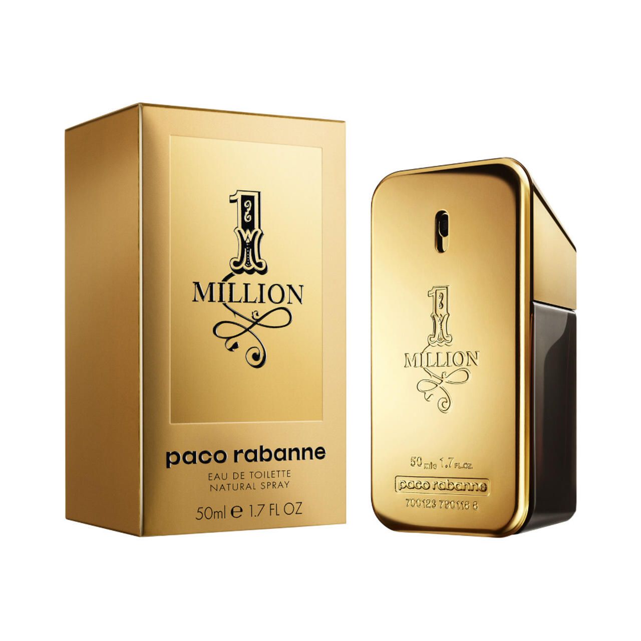 Goldfarbener Flakon und Verpackung mit "1 Million" und "paco rabanne". Eckige Form, goldene und schwarze Farben.