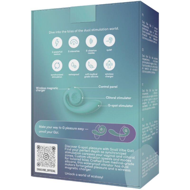 Rückseite der Snail Vibe Gizi Verpackung mit Produktmerkmalen und QR-Code.