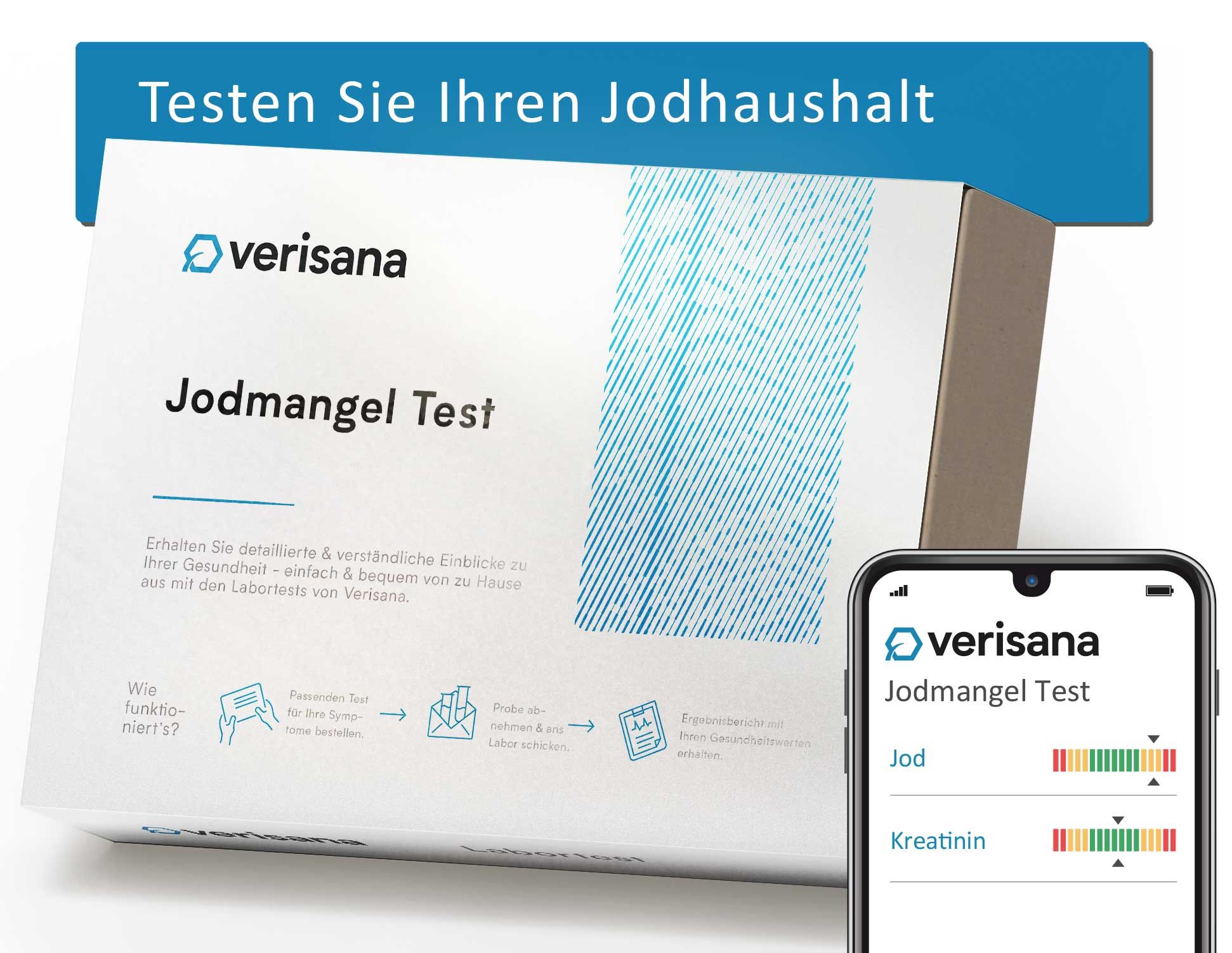 Verisana Jodmangel Test-Kit. Box mit Produktname und Smartphone mit Testergebnissen. Testen Sie Ihren Jodhaushalt.