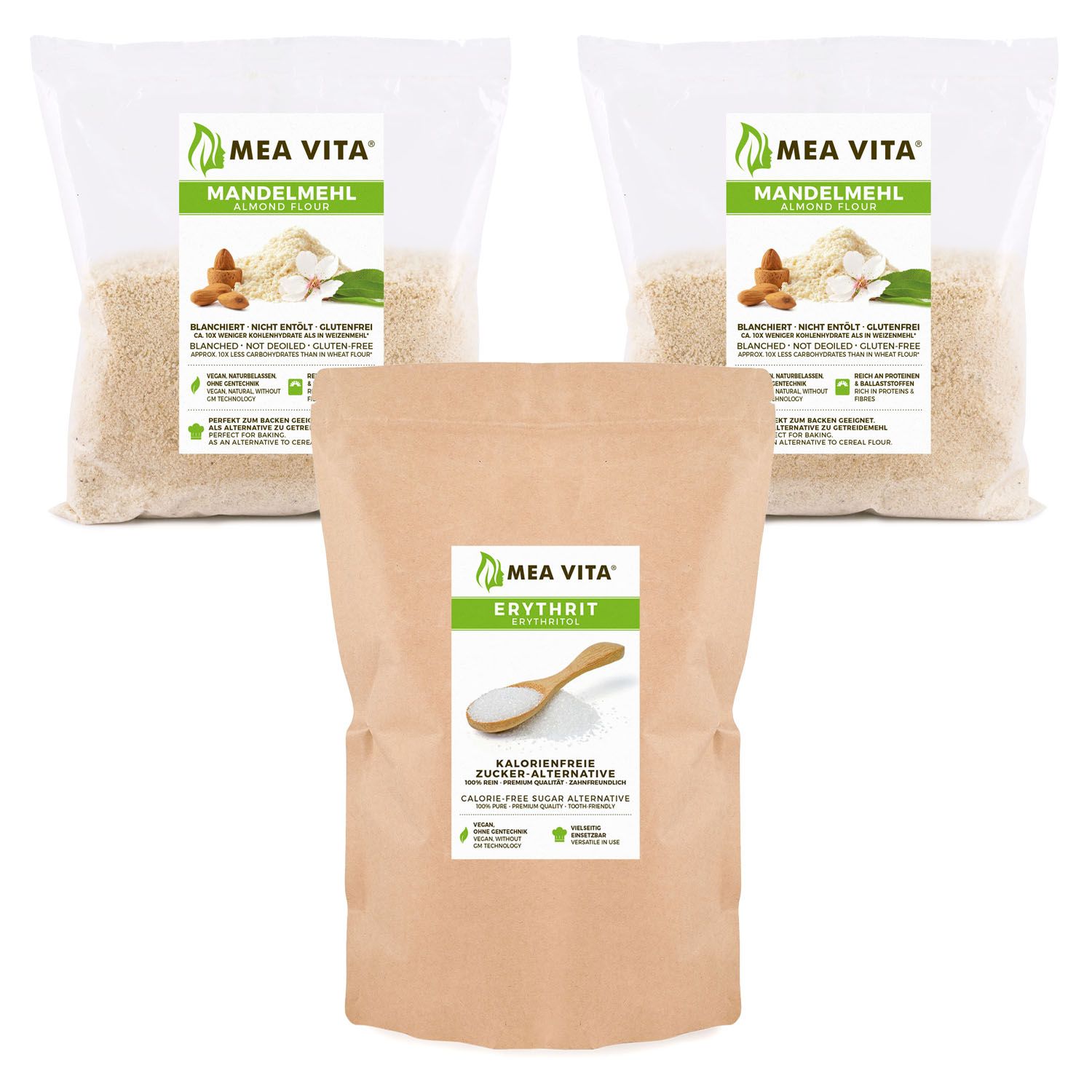 Drei Beutel: zwei mit Mandelmehl, einer mit Erythrit. Aufdrucke mit Produktnamen und Logo. Klare Verpackung.