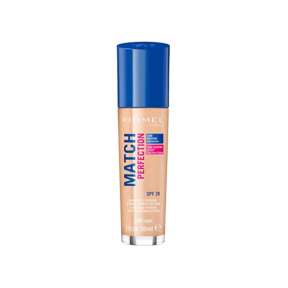 Foundation-Flakon mit blauem Deckel. Aufschrift: Rimmel London, Match Perfection, SPF 20, 100 Ivory. 30 ml.