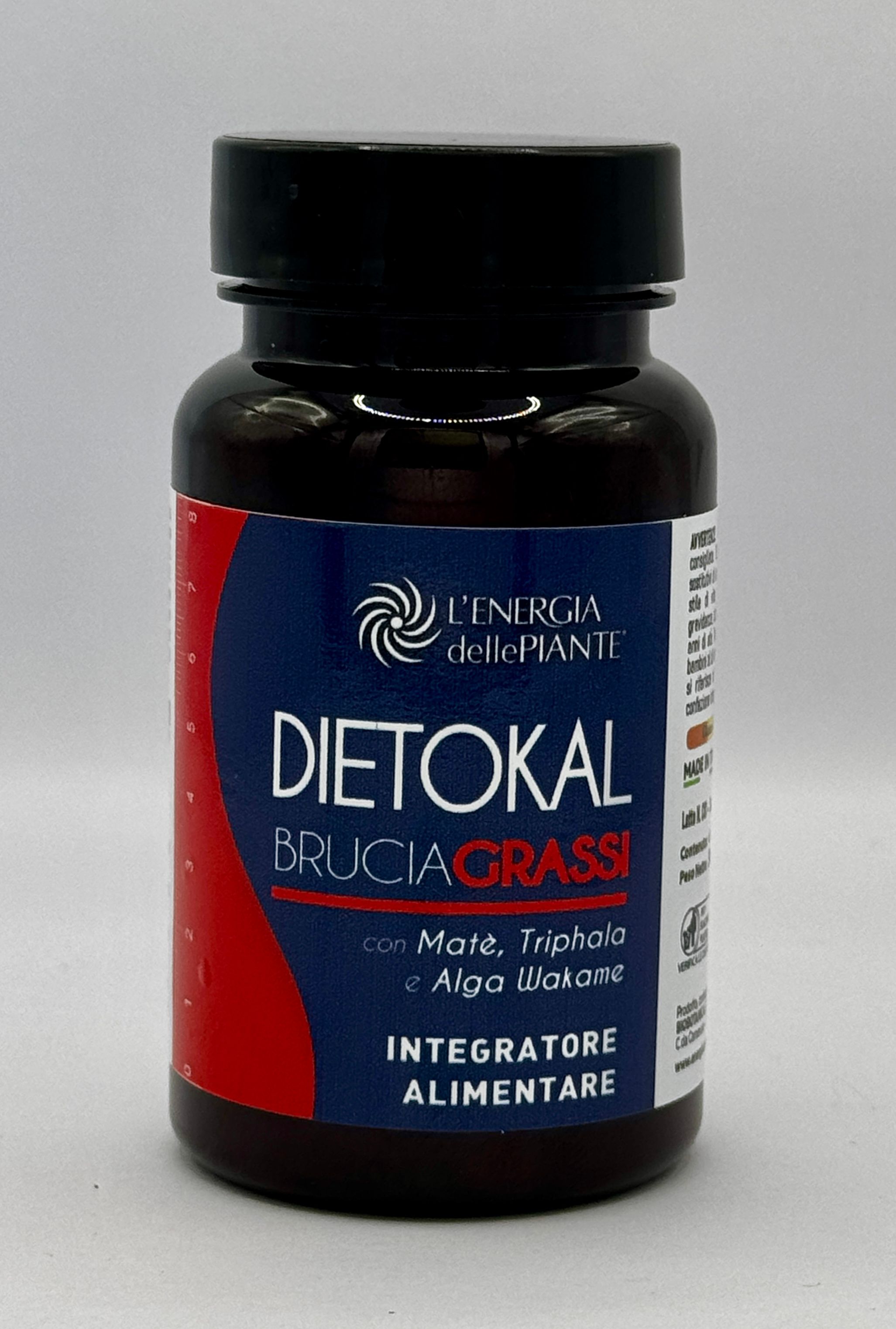 Braune Tablettenflasche mit schwarzem Deckel. Blaues Etikett mit weißem Text. Produktname: Dietokal Brucia Grassi. Marke: L'Energia delle Piante.