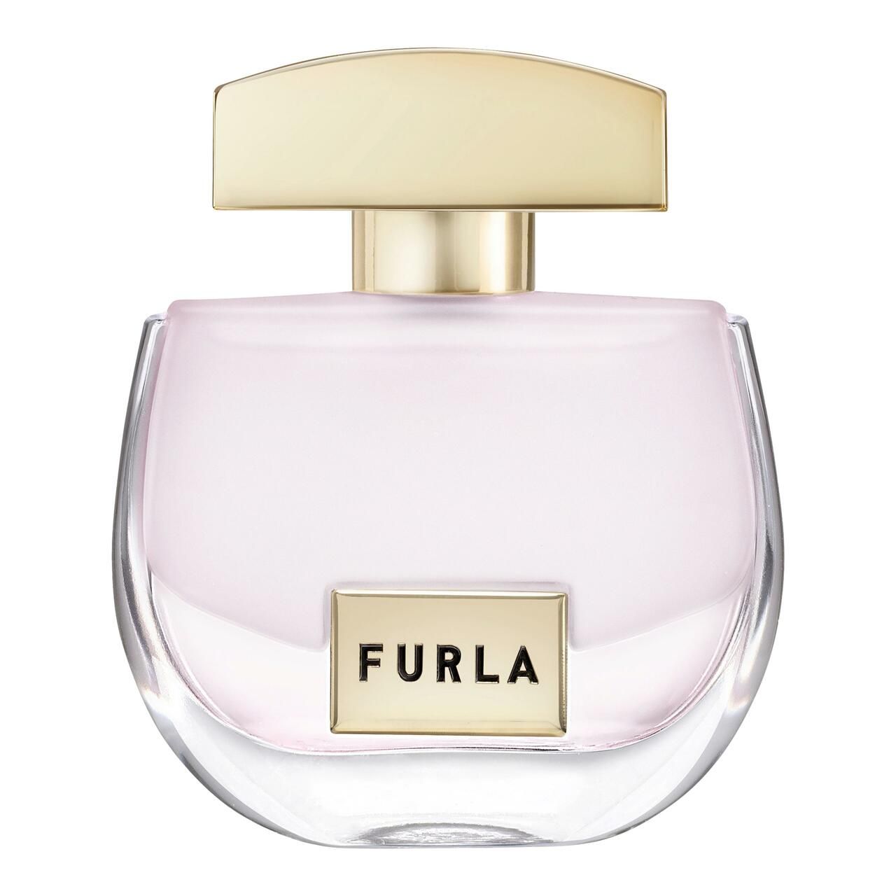 Runder Flakon mit goldfarbenem Deckel und rechteckigem Etikett mit dem Wort "FURLA".
