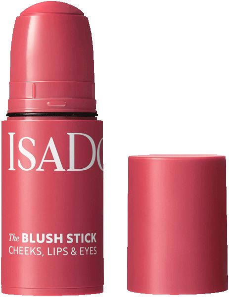 IsaDora The Blush Stick. Roter Stick mit abgenommenem Deckel. Aufschrift: The Blush Stick, Cheeks, Lips & Eyes.